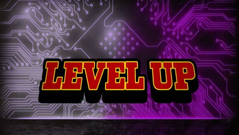 Animation-of-level-up-text-over-data-processing-on-dark-background