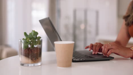 business woman, hands or laptop typing in home