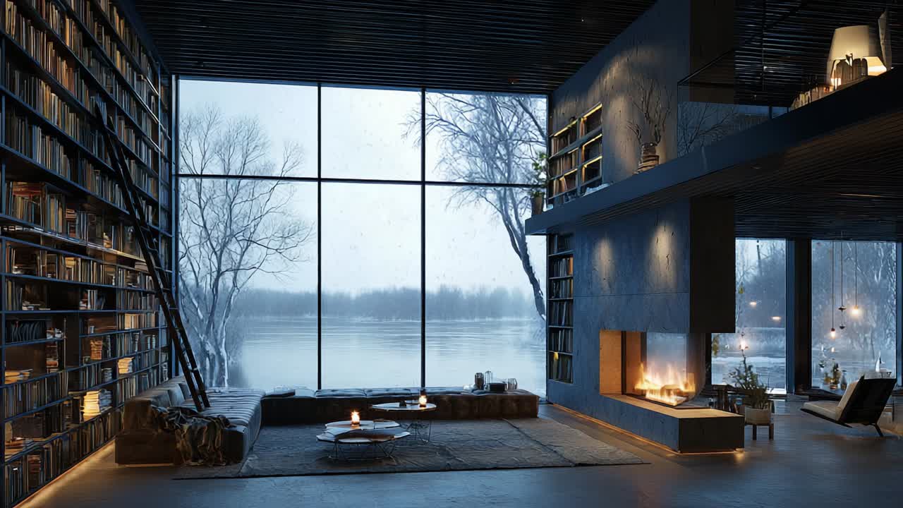 Un accogliente e moderno spazio abitativo con ampie finestre che si affacciano su un sereno paesaggio invernale, con libreria, area lounge e camino, perfetto per rilassarsi nelle giornate di pioggia