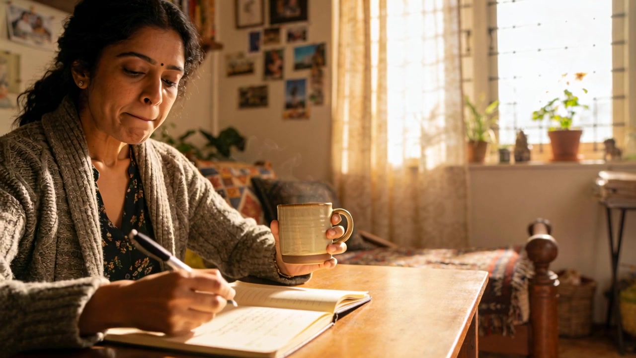 Donna indiana che scrive, con un cardigan di maglia, sorseggiando da una tazza, riflettendo sotto la luce del sole a un tavolo di legno, con appunti.