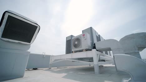 the air conditioning and ventilation system of a large industrial facility is located on the roof. it includes an air conditioner, smoke exhaust, and ventilation.