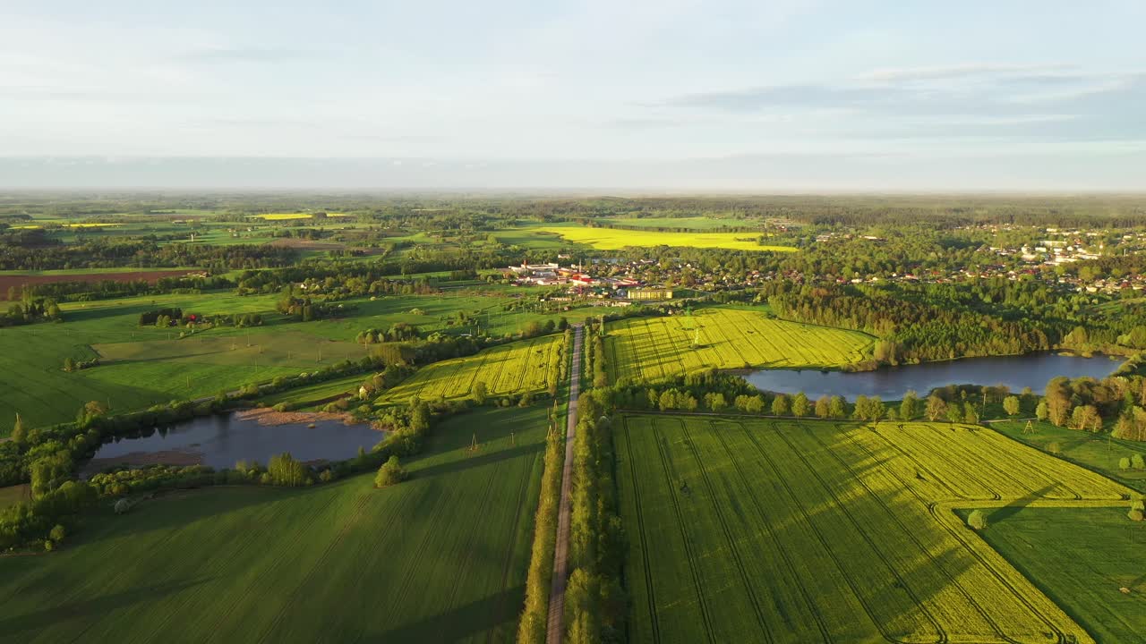 pequeña ciudad rural rodeada de campos de colza amarillos, bosques y lagos