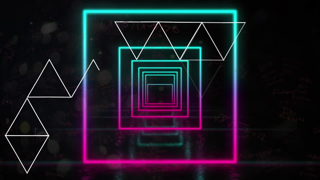 Animation of illuminated square shaped tunnel and triangles on black background