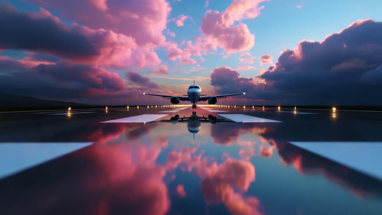 A breathtaking view captures a plane taking off at dusk, with a vibrant sky painted in shades of pink and purple, and reflections shimmering on the runway, creating a stunning visual spectacle of aviation
