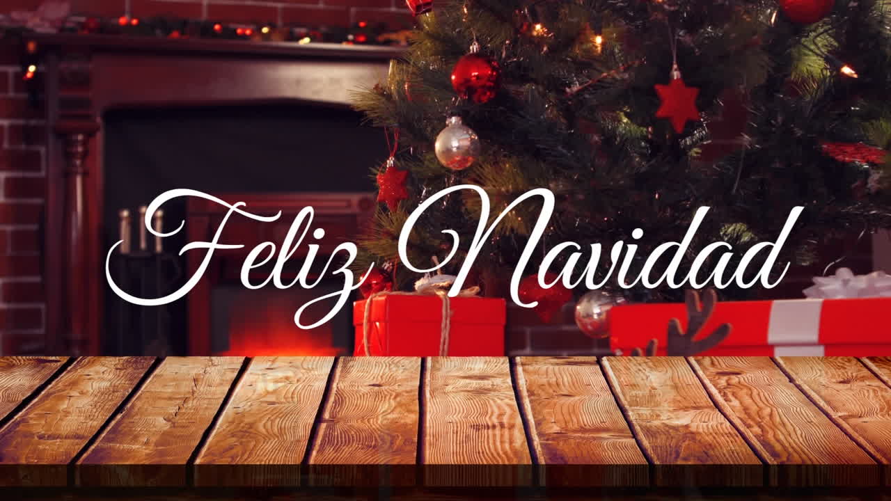 un compuesto de un primer plano de madera con un fondo navideño de un árbol y regalos por fuego.