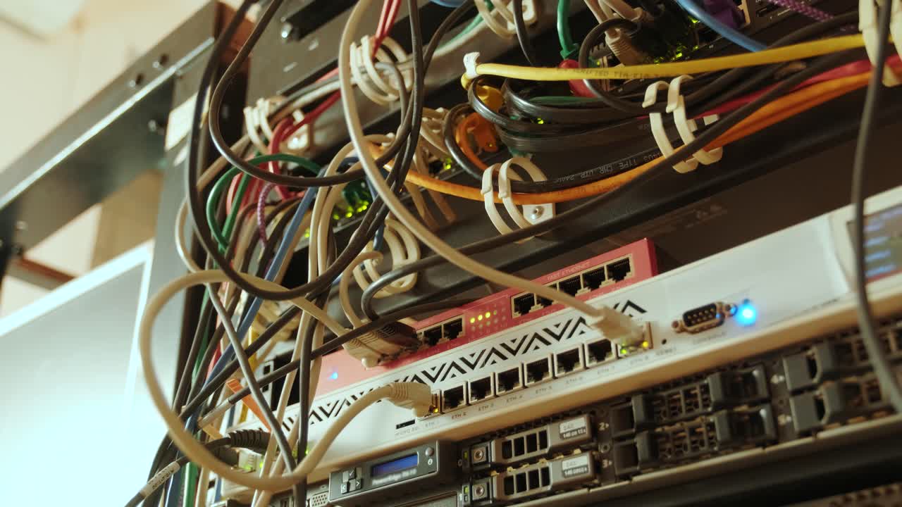 라크 캐비에 네트워크 스위치 및 이더넷 케이블: 네트워크 연결 기술 및 작업 상태를 표시하는 지표가 있습니다. 데이터 센터에 연결된 케이블을 가진 인프라 개념