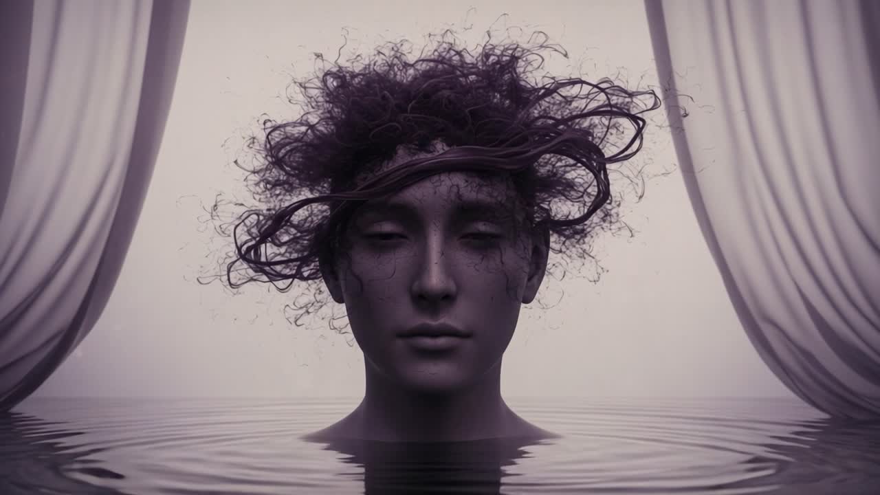 A Serene Reflection: A Captivating Visual Journey of a Calm Subject Surrounded by Water and Draped Fabrics, Representing Tranquility and Inner Peace