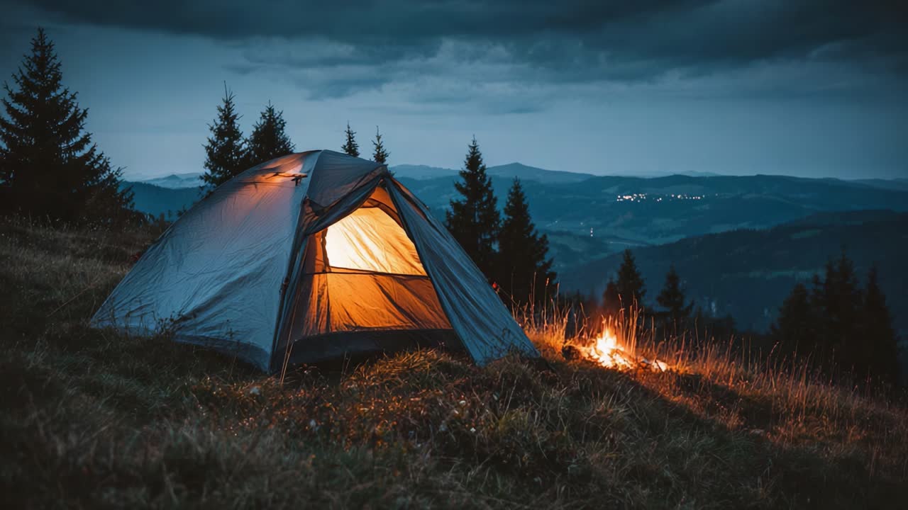 En fredfyldt campingscene i skumringen med et oplyst telt omgivet af træer, der fremhæver naturens skønhed og varmen fra et lejrbål mod en fantastisk bjergkulisse.