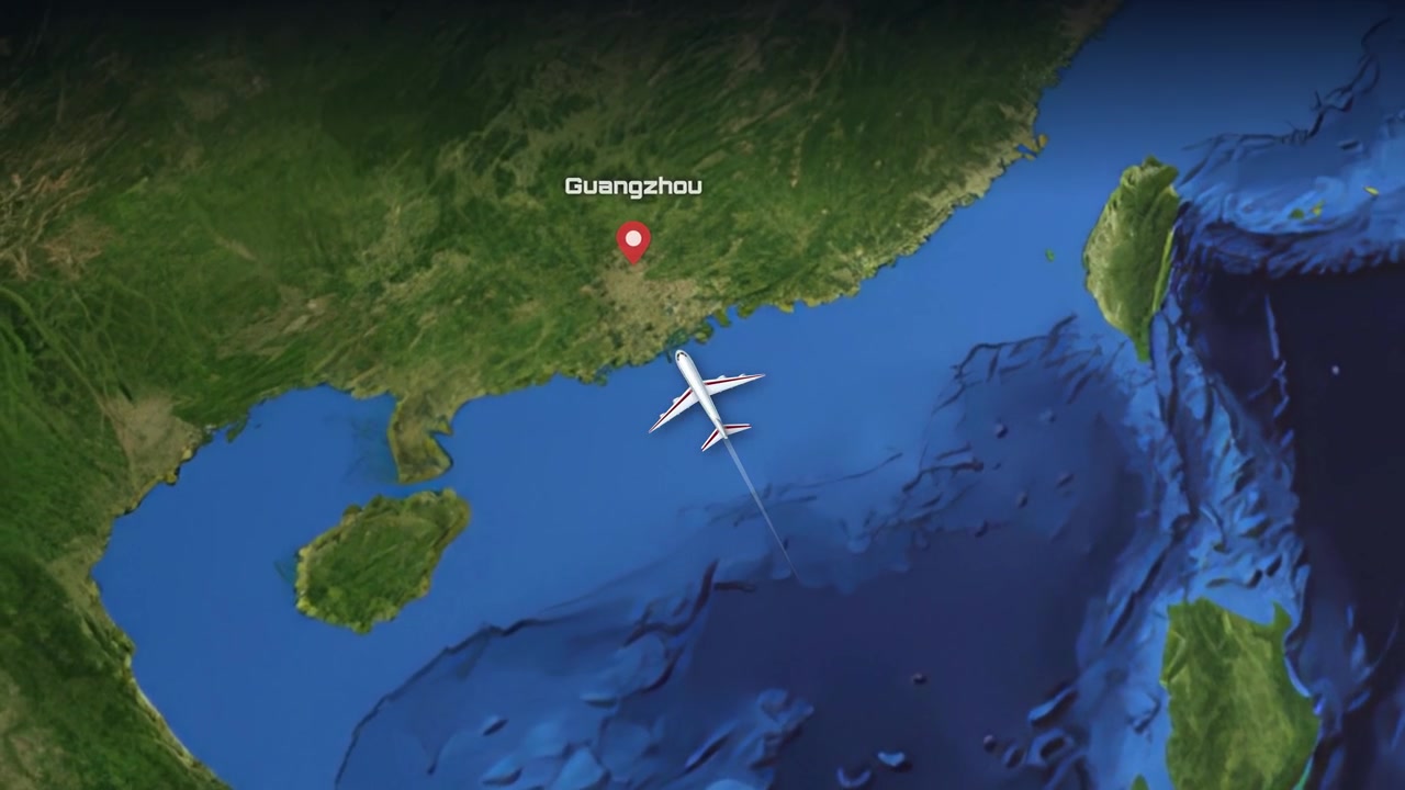 Satellite map animation tracks a commercial airplane flying from Melbourne Australia to Guangzhou China