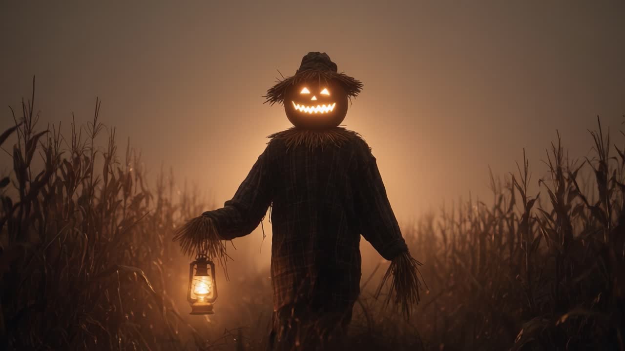 A Spooky Scarecrow in a Foggy Cornfield Holding a Lantern, Emitting a Creepy Glow with Jack-o'-Lantern Face, Perfect for Autumn and Halloween Themes