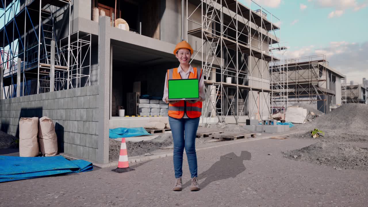 Full Body Of Asian Female Engineer With Safety Helmet Smiling And Showing Green Screen Laptop To The Camera At Construction Site in Progress to New House