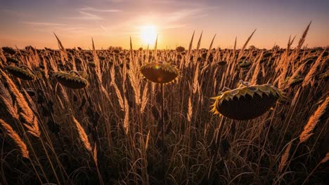 Golden Sunlight Illuminates a Field of Sunflowers Surrounded by Tall Grass at Sunrise, Capturing Nature&#039;s Beauty in Early Morning Light