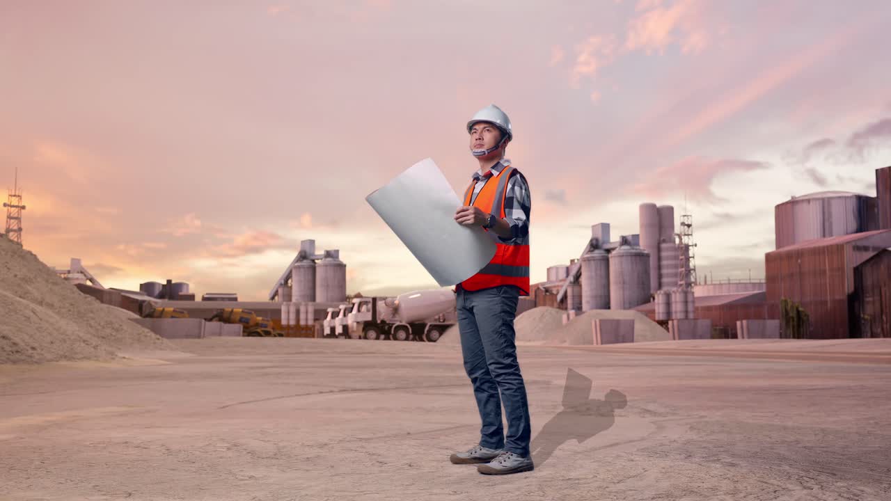 Vista lateral de cuerpo completo de un ingeniero asiático con casco de seguridad, mirando un plano en sus manos y a su alrededor mientras está de pie en una planta de cemento industrial con camiones mezcladores al atardecer