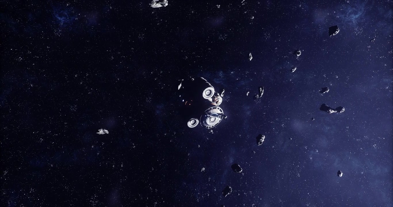Space station orbits through asteroid field in deep space at night
