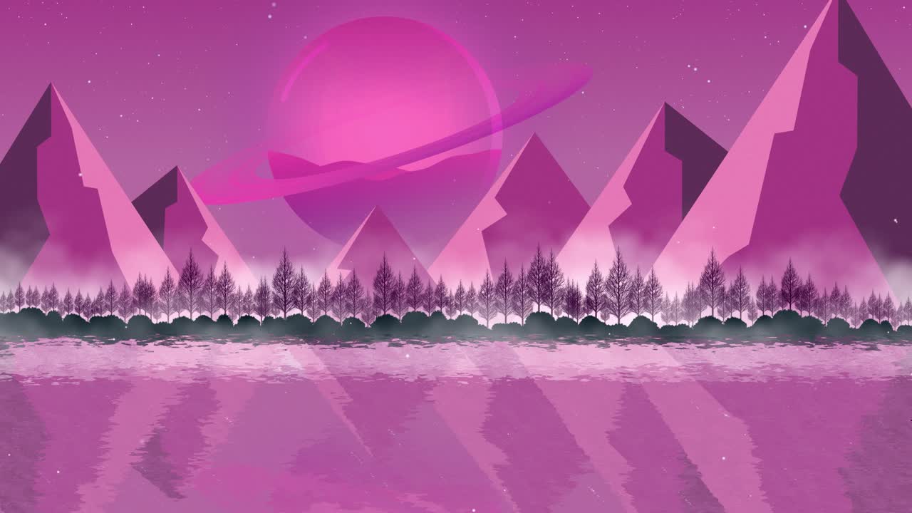 Purple lake animation, planet of liquid crystal like saturn, reflection of the landscape in the water
