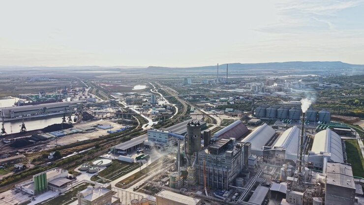 Aerial view of an industrial complex with factories, storage tanks, rail lines, and roads during the day