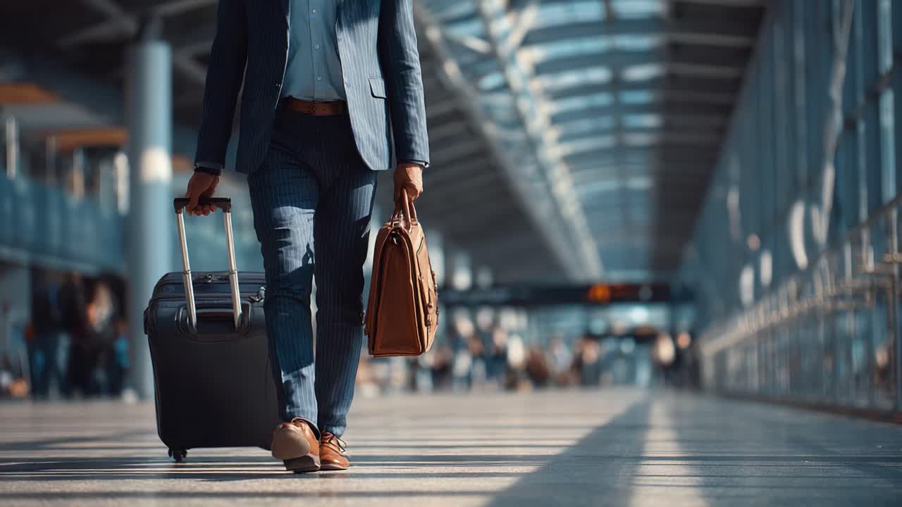 A Professional Traveler in a Modern Airport Terminal Preparing for Departure with Stylish Luggage and Briefcase While Surrounded by a Bustling Crowd
