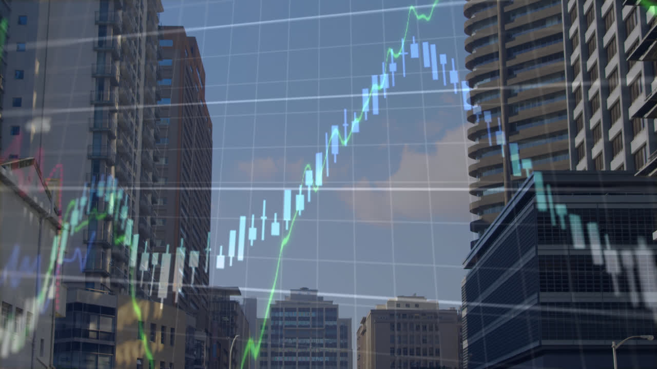 Animation of financial data processing against view of tall buildings against clouds in the blue sky