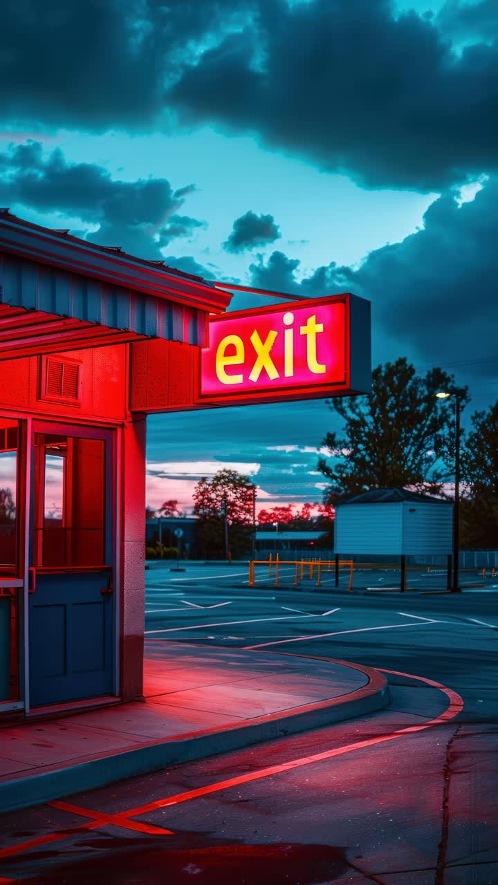 Moody, cinematic video style with a low-angle shot of a neon-lit exit sign against a dramatic