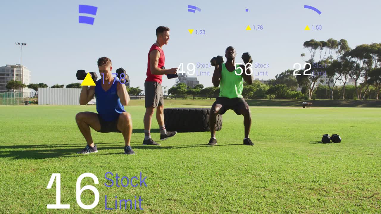 Coach cueing duo doing dumbbell squats and presses for fitness, HUD Stock Limit counters updating