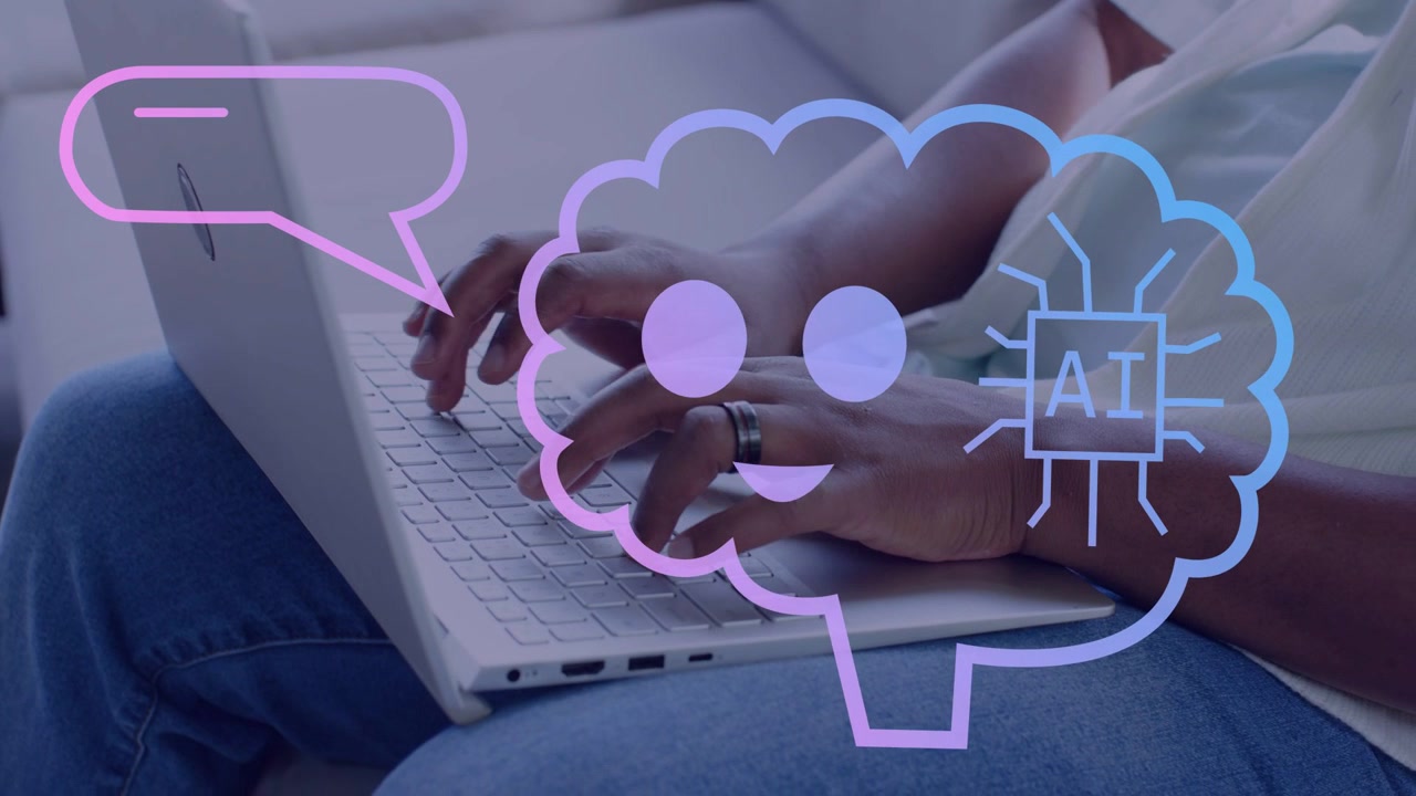 Man typing on white laptop, composing message and initiating animated AI brain cloud over hands