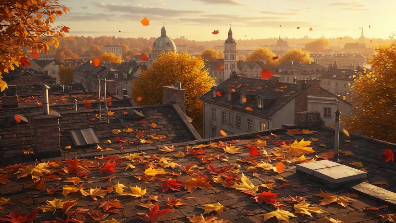 A Beautiful Autumn Scene Captured from Above, Showcasing Vibrant Fall Leaves Blanketing Rooftops with a Breathtaking Cityscape in the Background Under a Golden Sky