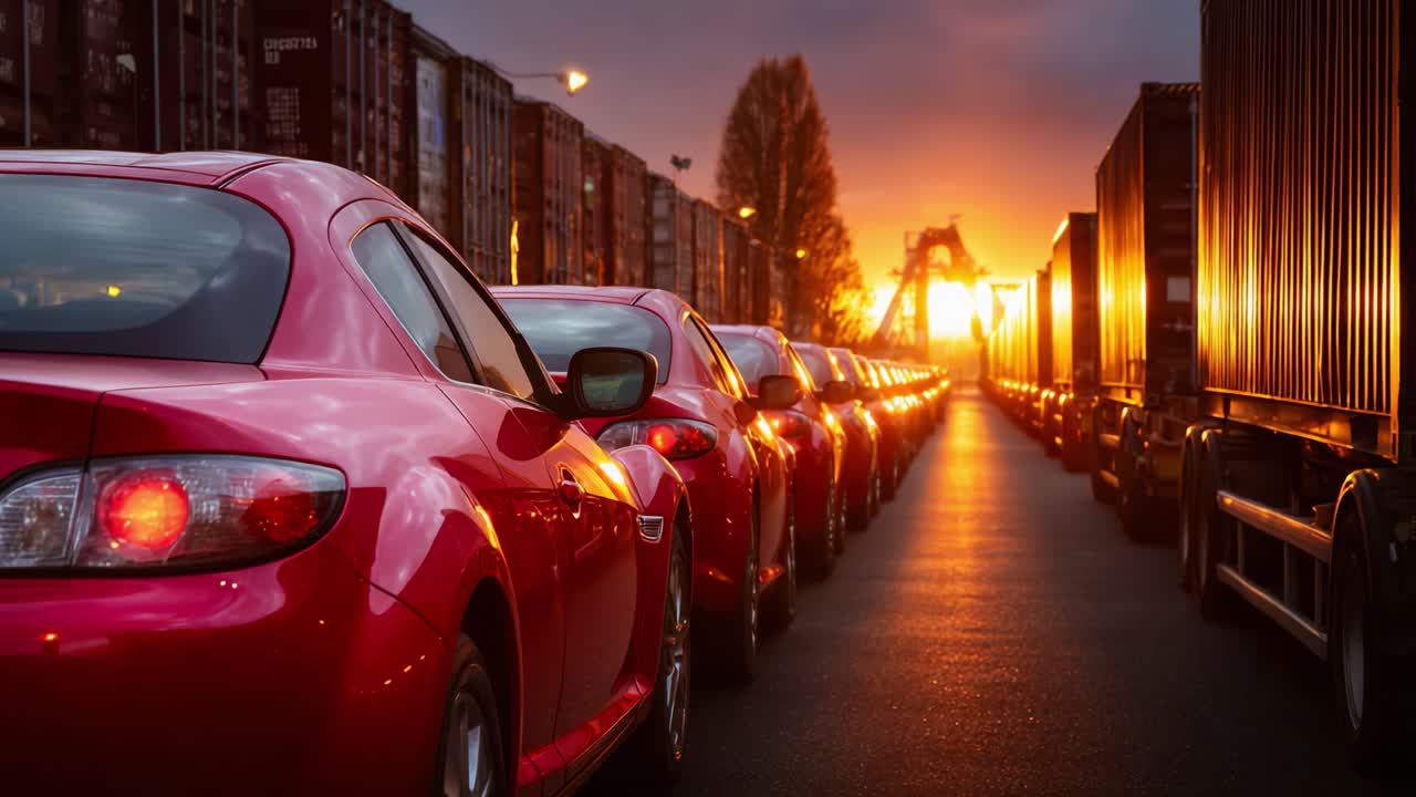 Sunset Shine on a Row of Red Cars Positioned Alongside Cargo Containers in a Scenic Urban Landscape