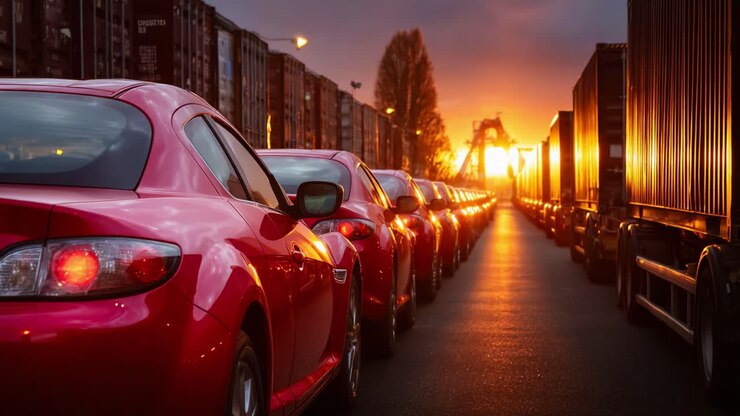 Brillo del atardecer sobre una fila de coches rojos colocados junto a contenedores de carga en un paisaje urbano pintoresco