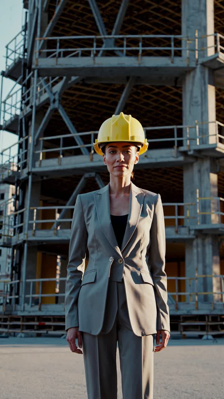 arquitecta exitosa con traje y casco de protección de pie con confianza en el sitio de construcción, encarnando el profesionalismo y la experiencia en la industria de la construcción