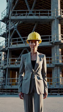 successful female architect wearing suit and protective helmet stands confidently on construction site, embodying professionalism and expertise in the building industry