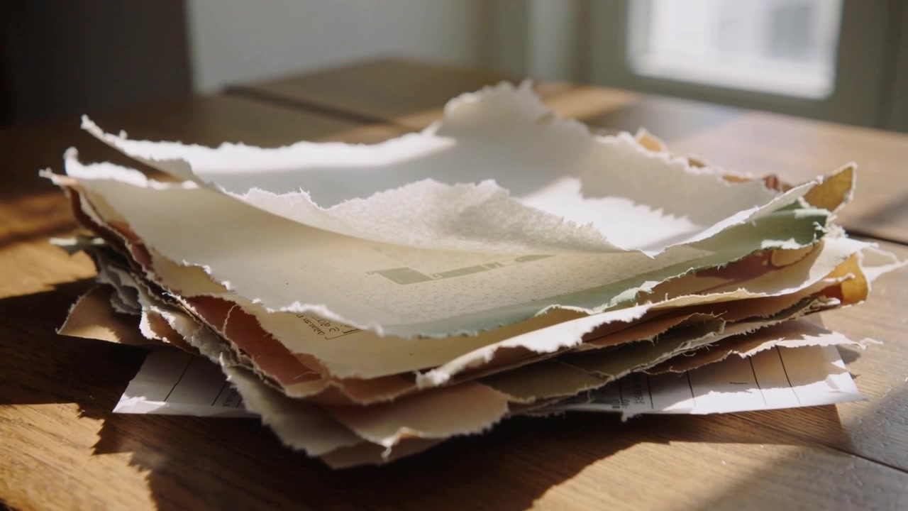 Pulling back lens showing deckled paper stack on studio table, sunlight exposing faint printed grid