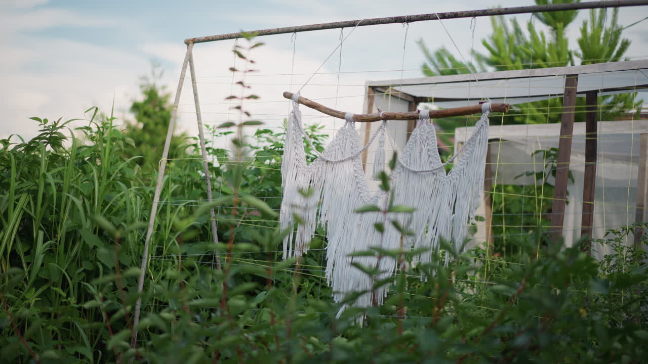 White crochet laundry hanging outdoors wooden frame clothesline among overgrown garden greenhouse linens swaying in morning breeze gardener tending plants nearby vintage texture sunlit calm