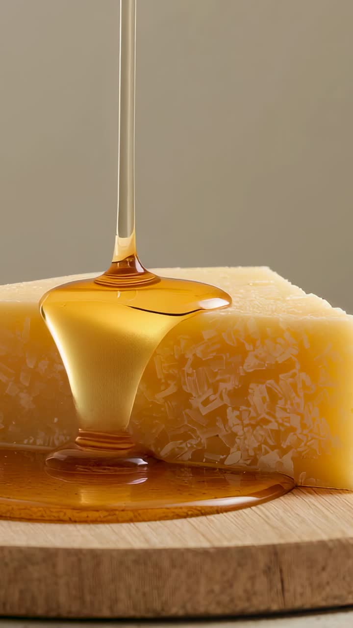 Video verticale: versamento di sciroppo color ambra a partire dal centro del formaggio su una tavola, ricoprendo il formaggio e scorrendo.