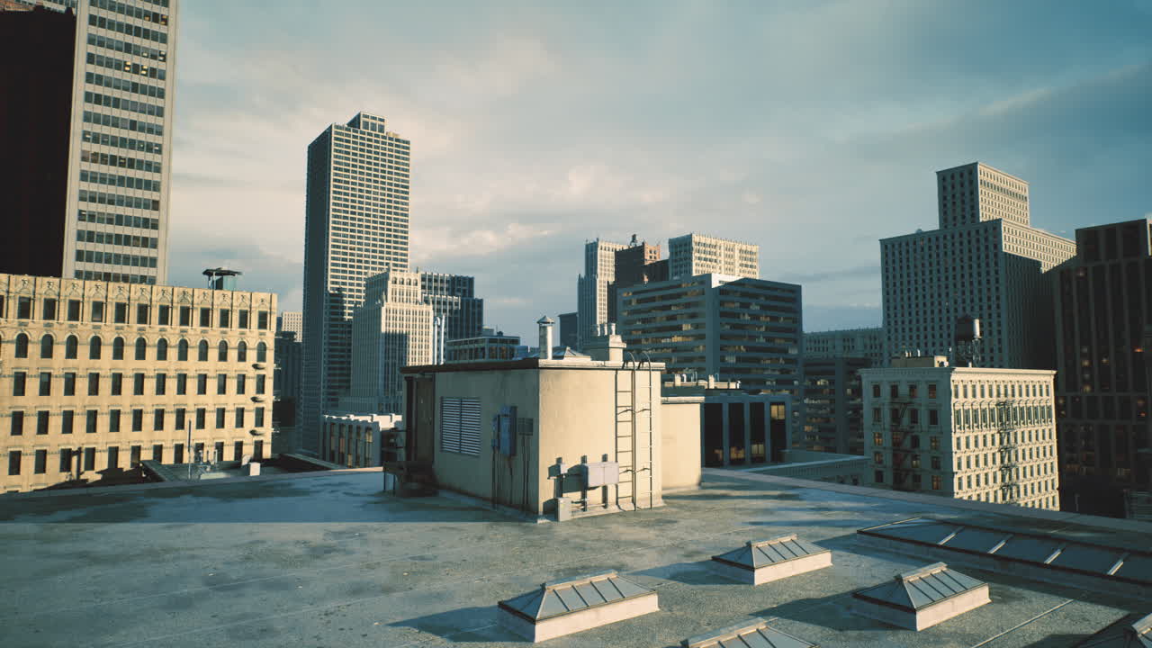 Urban skyline view from a rooftop during late afternoon in a bustling city