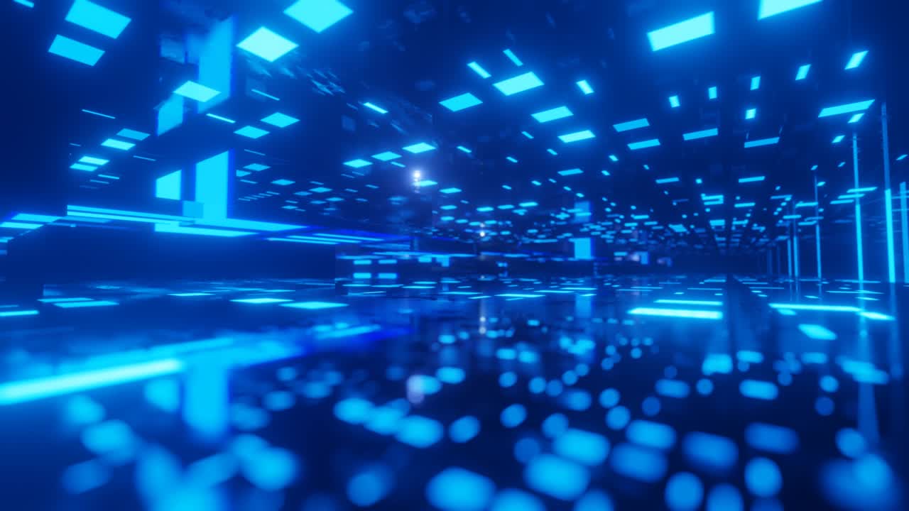 volare attraverso il cyberspace tecnologico con il bagliore al neon. volo di fantascienza attraverso il tunnel tecnologico hi-tech. ologramma e luce al neon. 3d looped seamless 4k sfondo luminoso. flusso di dati, blocchi di metallo nell'aria