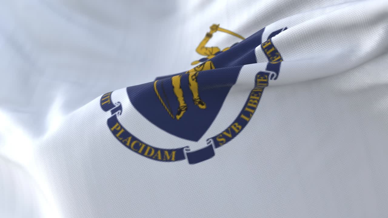 Bandeira do estado americano de Massachusetts, Estados Unidos, tremulando ao vento. Loop.