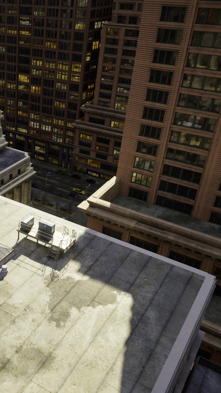 City skyline view from a high rooftop with empty chairs under the afternoon sun