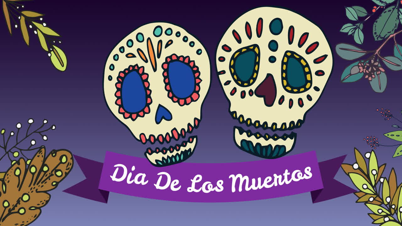 Animation af Dia de los Muertos over dekorative kranier på lilla baggrund med blomster