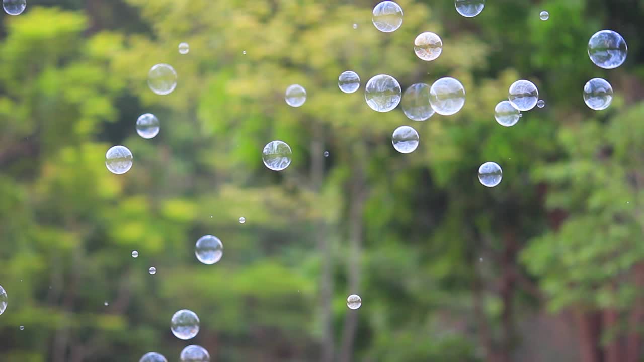 Soap bubbles floating in the air with natural green blurred bokeh background for children and kids
