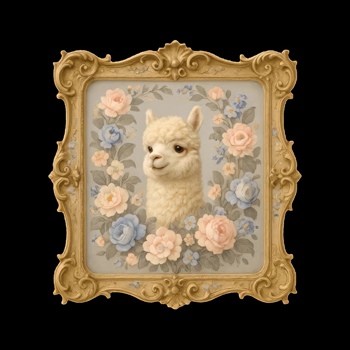 Portrait of a Cute Llama Inside an Ornate Floral Picture Frame