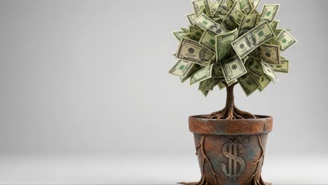 a creative representation of prosperity: a unique potted tree made entirely of currency bills, symbolizing wealth and financial growth against a minimalist background
