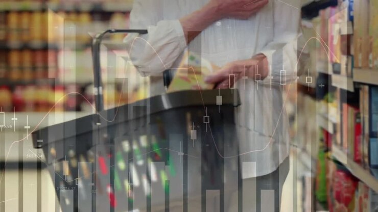 Animation of financial data over midsection of senior caucasian woman shopping at market