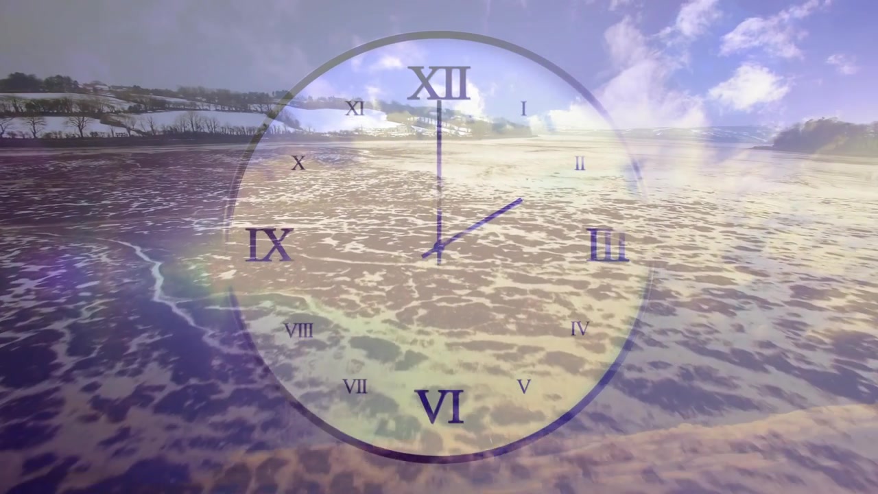 Clock face fading triggers hands rotating and jumping on dial, showing time passing over shore