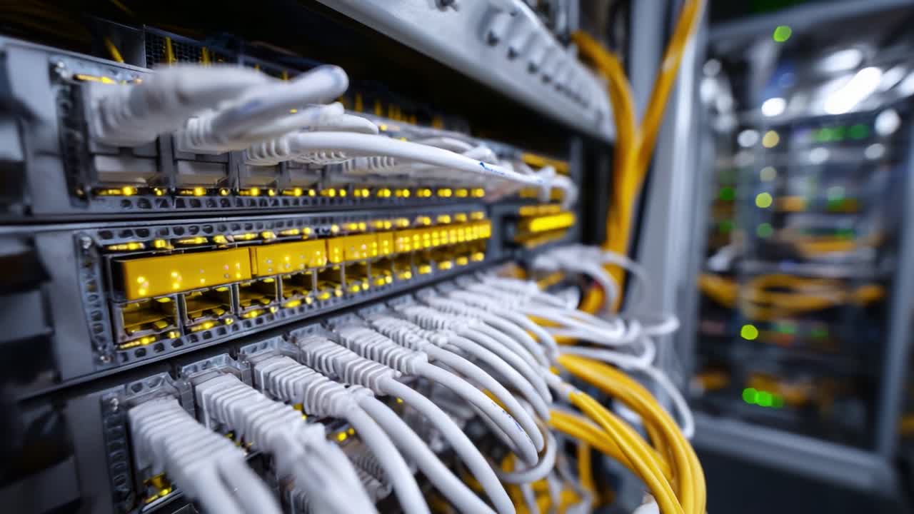 A Close-Up View of Network Switches and Cables in a Data Center, Showcasing the Complexity and Connectivity of Modern Telecommunications Infrastructure