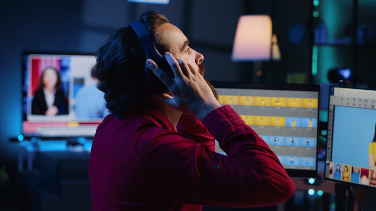 trabajador independiente editando fotografías profesionales, trabajando en un estudio en casa mientras disfruta de la música