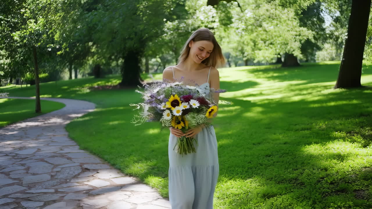 A young woman walking in a park with a large bouquet of flowers