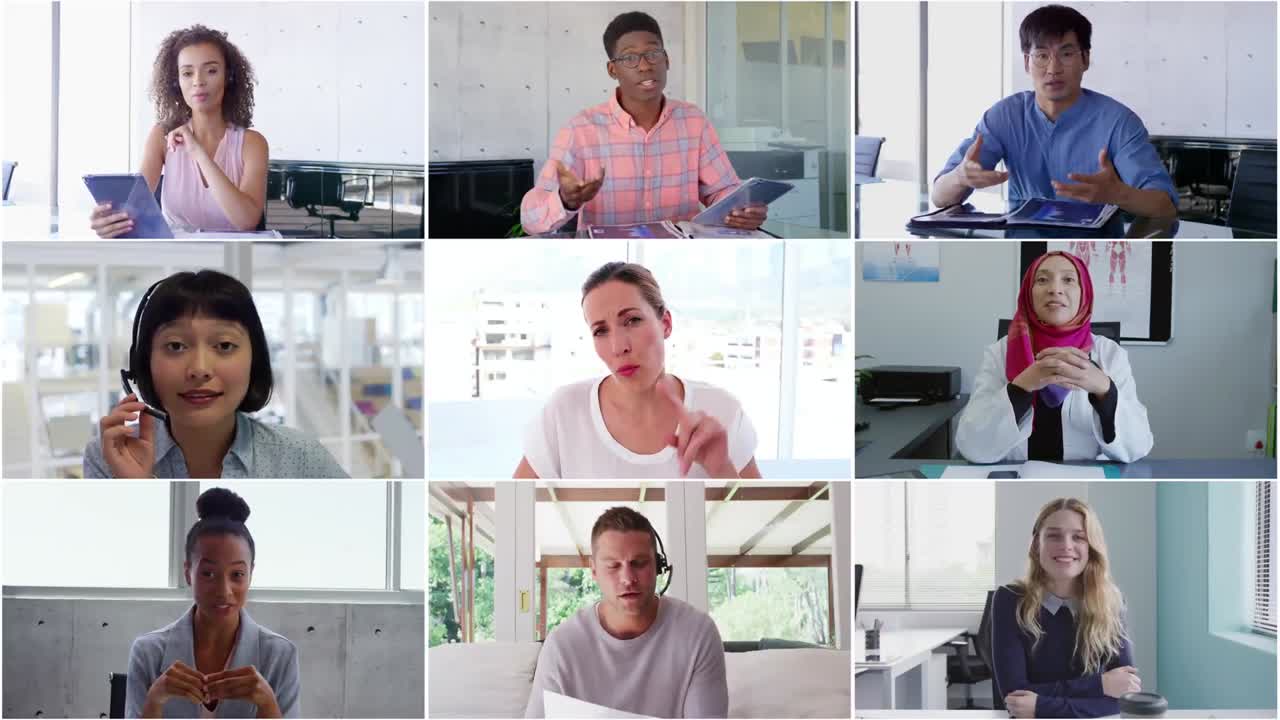 Team of work colleagues displayed on screens talking on video call using electronic devices