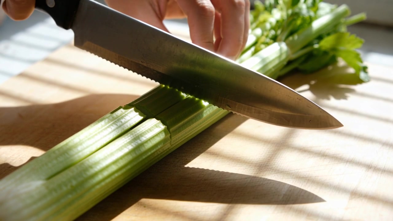 Mani che abbassano un coltello da chef, stabilizzano e affettano il sedano su un tagliere di legno vicino alla finestra, preparando un pasto.