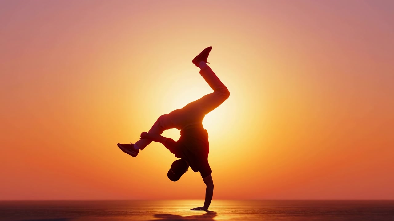 Breakdancer invertito in equilibrio su una mano in riva al mare durante l'alba o il tramonto, sagomato contro il sole basso e luminoso che crea un alone luminoso e una forte luce di contorno intorno a cappello, vestiti, scarpe da ginnastica e