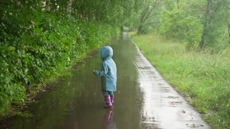 kid deftly navigates wet terrain in park small boy in waterproof cloth stops and turns back among